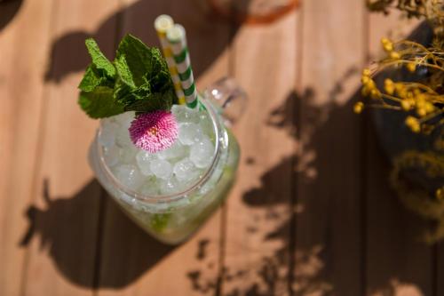 a drink with a pink flower and two striped straws at Sol House The Studio - Calviá Beach - Adults Only in Magaluf