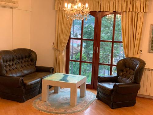 a living room with two leather chairs and a coffee table at Villa Kuna in Sarajevo
