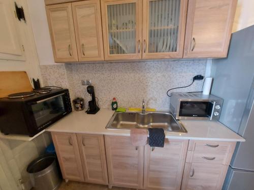 a kitchen with a sink and a microwave at Ήλιος Πατσακης in Symi