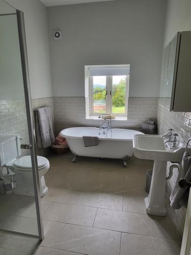 ein Badezimmer mit einer Badewanne, einem WC und einem Waschbecken in der Unterkunft The Coach House in Dublin