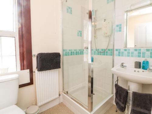 a bathroom with a shower and a toilet and a sink at Uptop in Dartmouth