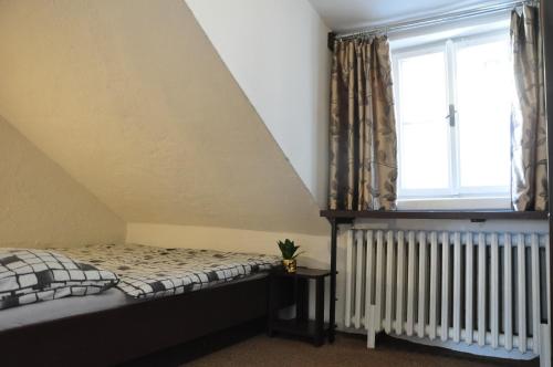 a bedroom with a bed and a window and radiator at Hostel Pestalozza in Špindlerův Mlýn