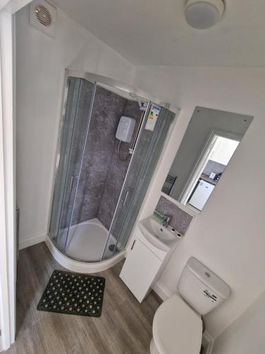 a small bathroom with a shower and a toilet at SEA VIEW STAY 17 Princes Road in Great Yarmouth