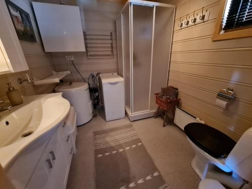 uma casa de banho com um lavatório e um WC. em Hygge på fjellet em Øyuvstad