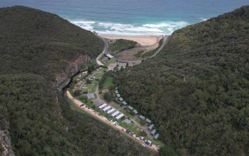a train on a train track near a mountain at Cumberland River Holiday Park in Lorne
