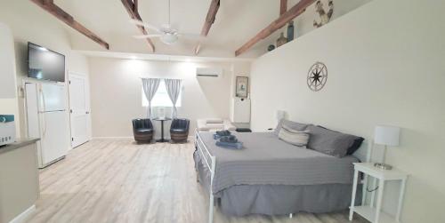 a white bedroom with a bed and a tv at King Size Sassy Studio in St. Petersburg