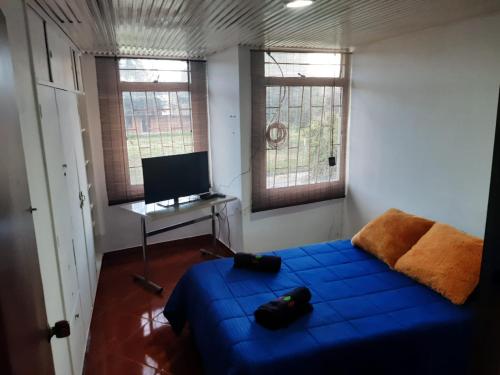 1 dormitorio con 1 cama azul y 2 ventanas en Habitacion con baño compatido en casa de familia en Corferias, Quinta Paredes, Embajada Americana, en Bogotá
