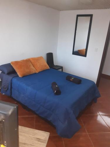 1 dormitorio con 1 cama con sábanas azules y espejo en Habitacion con baño compatido en casa de familia en Corferias, Quinta Paredes, Embajada Americana, en Bogotá