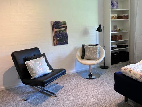 een kamer met een slaapkamer met een stoel en een bed bij Kørestolsvenligt dbl. vær. in Nykøbing Mors