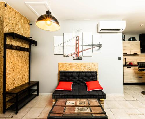 uma sala de estar com um sofá de couro preto e almofadas vermelhas em Centre Historique - FREE Parking - Self Checkin - WIFI - INDUSTRIEL - SLEEPNTRIPBEZIERS em Béziers