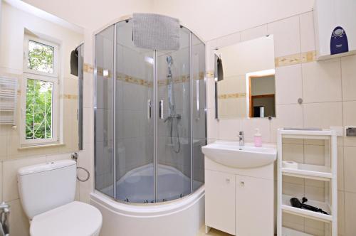 W łazience znajduje się prysznic, toaleta i umywalka. w obiekcie Helska By the Sea w mieście Sopot