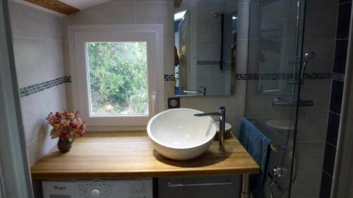 y baño con lavabo y ducha acristalada. en L'Eterlou Saint Blaise, bel appartement neuf mansardé, en Saint-Blaise