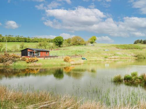 a house on a hill next to a body of water at Llyn Cae Ty Nant Fishery Holiday Let in Lampeter