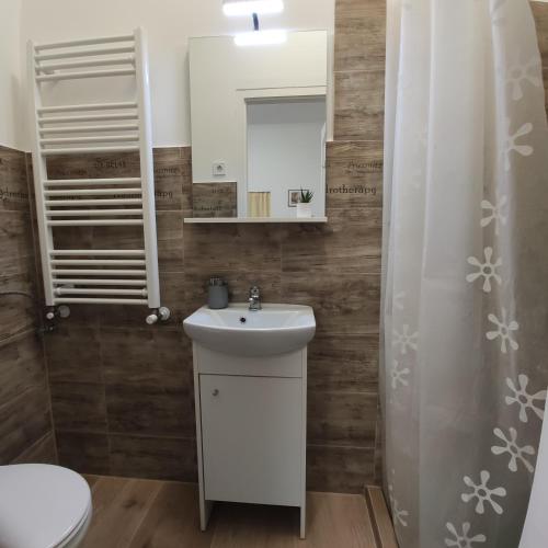 a bathroom with a white sink and a toilet at Fabi Apart in Hévíz