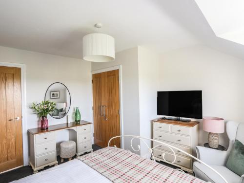 a bedroom with a bed and a tv and a chair at Dolwaenydd in Llanfairpwllgwyngyll