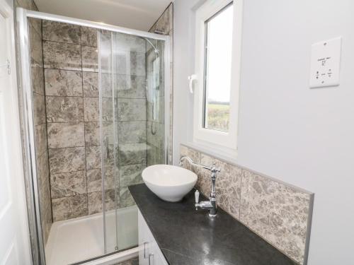a bathroom with a sink and a shower at The Lodge in South Molton