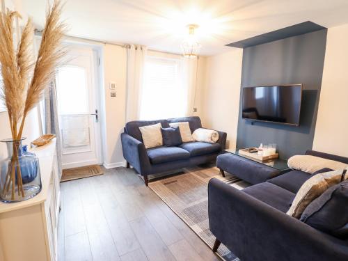 a living room with two couches and a tv at Driftwood Terrace in Porthmadog