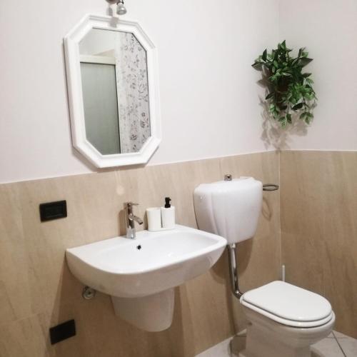 La salle de bains est pourvue de toilettes, d'un lavabo et d'un miroir. dans l'établissement I capricci dell'etna 4 di Puglisi, à Mascalucia