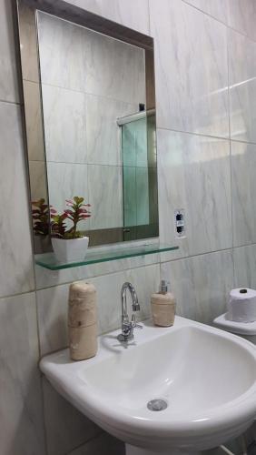 a white bathroom sink with a mirror and a plant at Hospedagem da Almira - Apartamento 2 in Manaus
