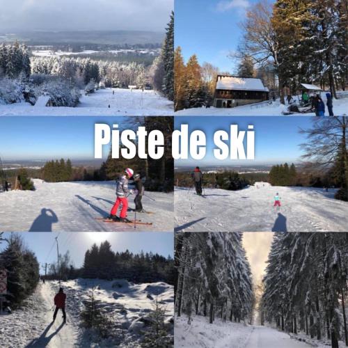 a collage of photos of people skiing in the snow at La Ferme du Soyeuru in Spa