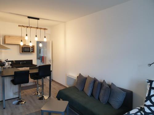 uma sala de estar com um sofá e uma cozinha em Au 16 em Dijon