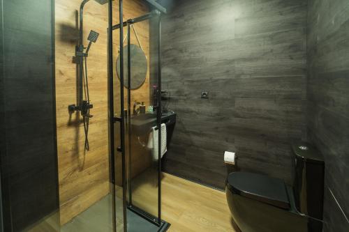 a bathroom with a shower and a toilet and a sink at BOUTIQUE APARTMENTS- LA GLORIA 1908 in Almería