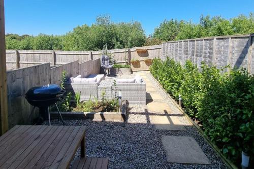 a cat standing in a garden with a fence at Cosy townhouse near Kidwelly in Kidwelly