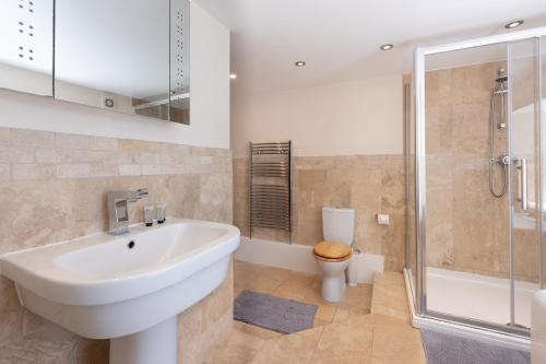 a bathroom with a sink and a shower and a toilet at Mabel Cottage in Torquay