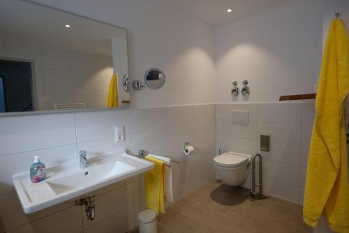 a bathroom with a sink and a toilet and a mirror at AusZeit Schönwald in Schönwald