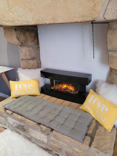 a living room with a fireplace and a couch at APPARTEMENT CHIC EN HYPER CENTRE DE VANNES in Vannes