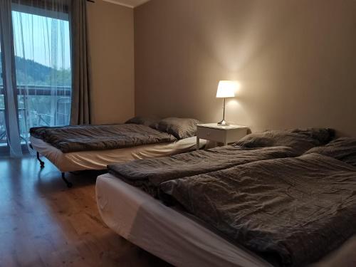 two beds in a room with a lamp and a window at Apartamenty Miku in Krynica Zdrój