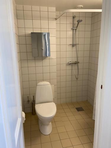 uma casa de banho com um WC e um chuveiro em Modern 1-bedroom apartment in charming Østerbro em Copenhague