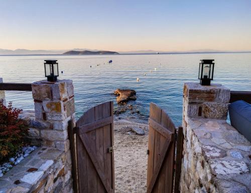a dog swimming in the water behind a wooden fence at Aura di mare luxury house Thassos in Limenas