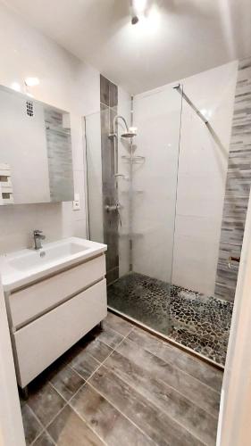 une salle de bain avec un lavabo blanc et une douche dans l'établissement Cosy Jasmin 3CH -Centre & Marzet- Balcon Traversant, à Pau