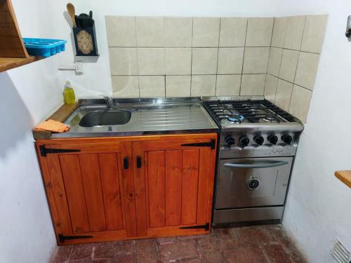 uma cozinha com um lavatório e um fogão em Cabaña en Caviahue em Caviahue
