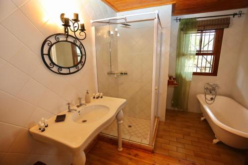 a bathroom with a sink and a tub and a mirror at Ti Melen Boutique Guesthouse in Windhoek