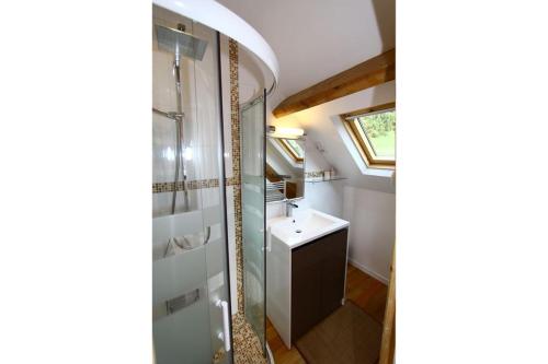een badkamer met een wastafel en een douche bij La Salamandrine, à 600 m du centre historique par un sentier in Sarlat-la-Canéda
