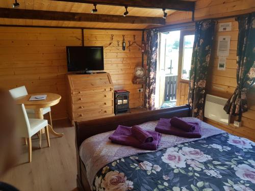 1 dormitorio con 1 cama con almohadas moradas y TV en Country Bumpkin - Romantic Couples stay in Oakhill Cabin en Oakhill