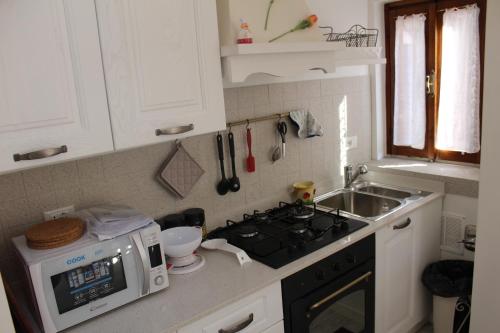 a kitchen with a stove and a microwave at Tana Bianca in Trieste