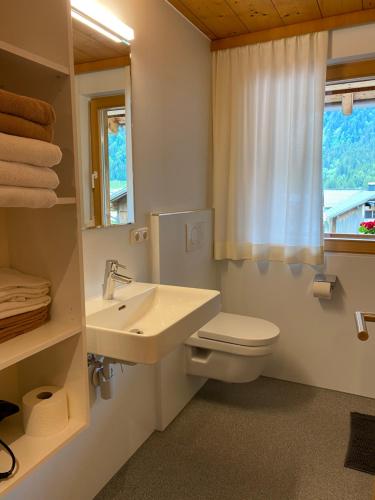 ein Bad mit einem Waschbecken, einem WC und einem Fenster in der Unterkunft Haus Emma in Schoppernau
