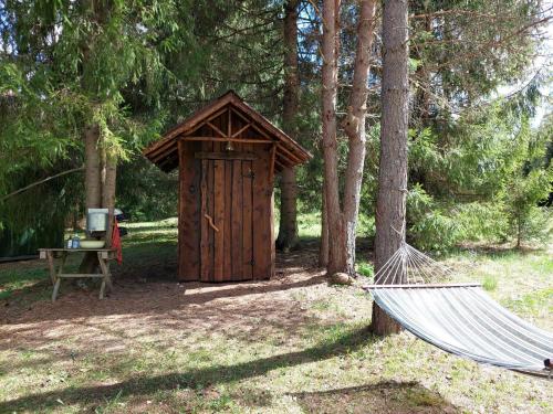 um barracão de madeira com uma rede de descanso numa floresta em Saia Forest House em Vose