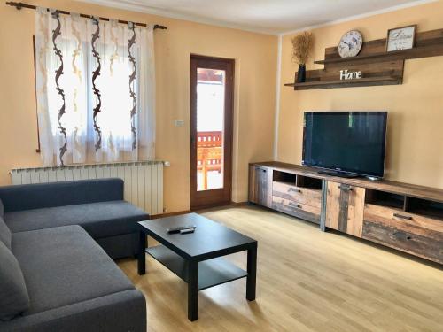 un soggiorno con divano e TV a schermo piatto di Apartmaji Mlekuž a Bovec
