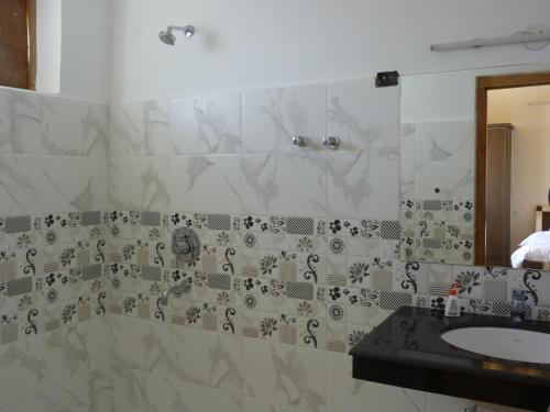 a bathroom with a sink and a shower at Orion Home in Leh