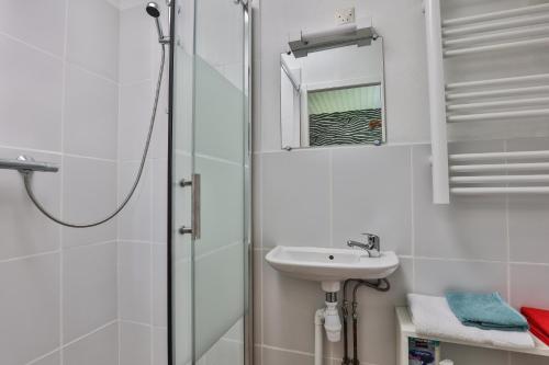 La salle de bains est pourvue d'une douche et d'un lavabo. dans l'établissement La Presque Basque, à Tarnos