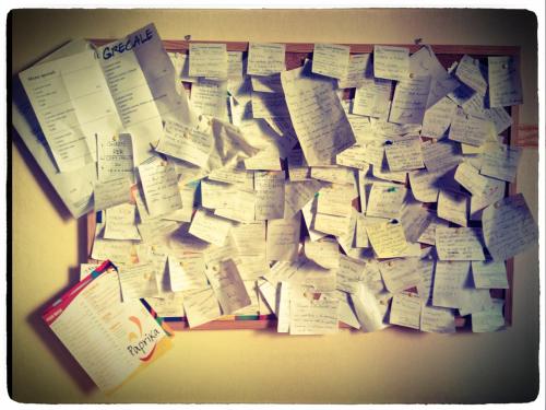 a wall filled with lots of papers on a wall at B&B Borgomarino in Pescara