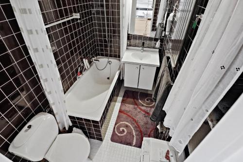 a small bathroom with a toilet and a sink at Appartement chaleureux avec une magnifique vue in Crans-Montana