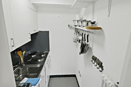 a kitchen with a stove and a sink at Nouveau studio avec vue imprenable sur la vallée in Leukerbad