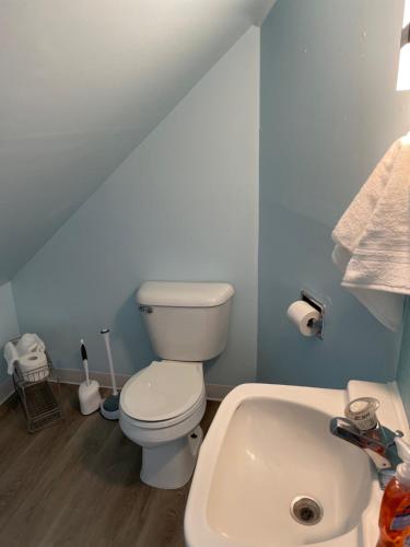 a bathroom with a white toilet and a sink at Grandma's Attic in Lakewood