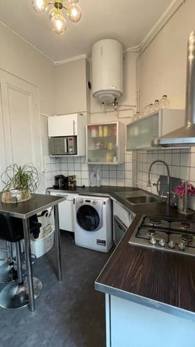 Il comprend une cuisine équipée d'un lave-linge et d'un sèche-linge. dans l'établissement Belges, à Lyon