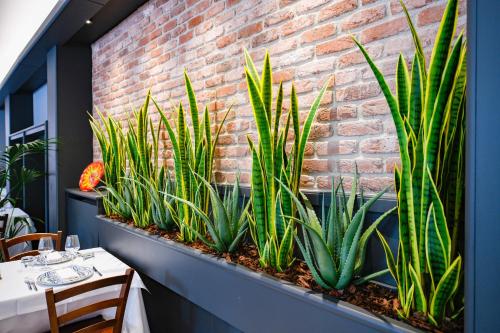 a restaurant with plants on a brick wall at Albergo Locanda Primavera in Rodengo Saiano
